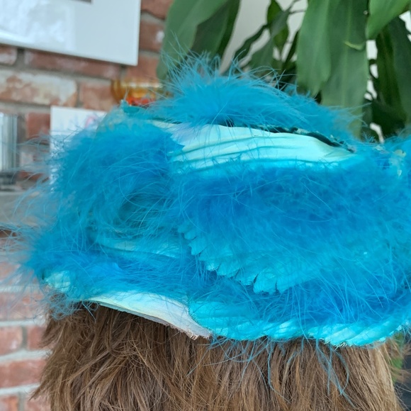 Vintage Silk Fabric Hat with Marabou Feathers Bright Blue - Picture 5 of 12